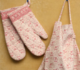 BLOCK PRINT OVEN MITTS AND MATCHING APRON SET - PINK AND WHITE