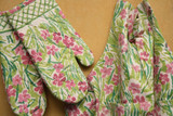 BLOCK PRINT OVEN MITTS AND MATCHING APRON SET - FLORAL