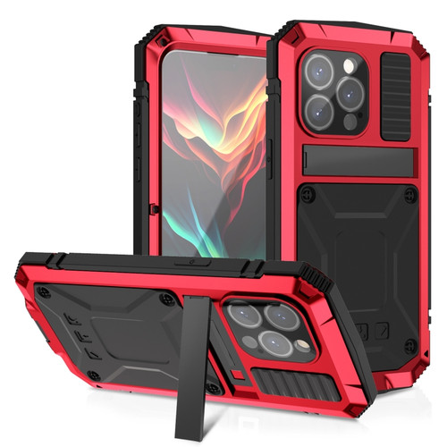 R-JUST Shockproof Life Waterproof Dust-proof Metal + Silicone Phone Case with Holder for iPhone 15 Pro - Red