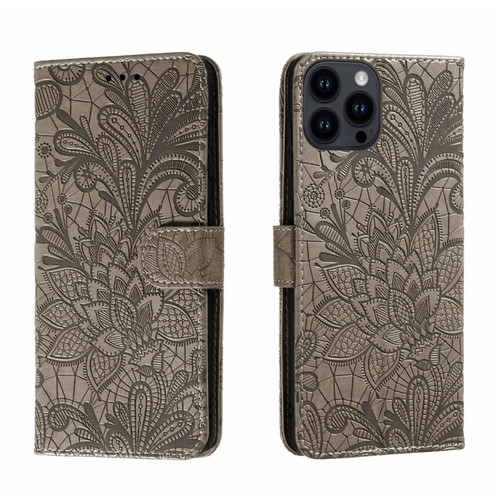 Lace Flower Embossing Flip Leather Phone Case for iPhone 15 Pro - Grey