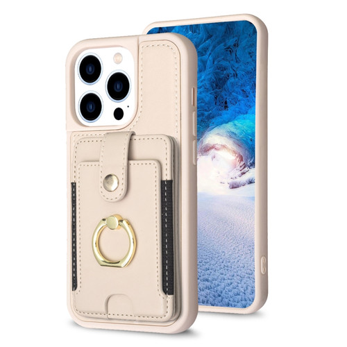 BF27 Metal Ring Card Bag Holder Phone Case for iPhone 15 Pro - Beige