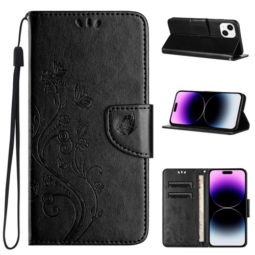 Butterfly Flower Pattern Flip Leather Phone Case for iPhone 15 - Black