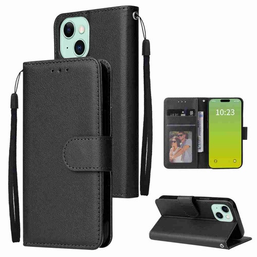 Multifunctional Horizontal Flip Leather Phone Case with Three Card Slot for iPhone 15 - Black