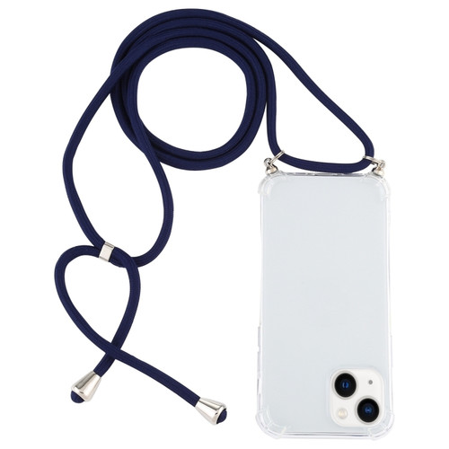 Four-Corner Shockproof Transparent TPU Case with Lanyard for iPhone 15 - Dark Blue