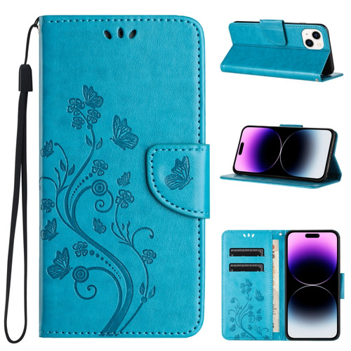 Butterfly Flower Pattern Flip Leather Phone Case for iPhone 15 - Blue