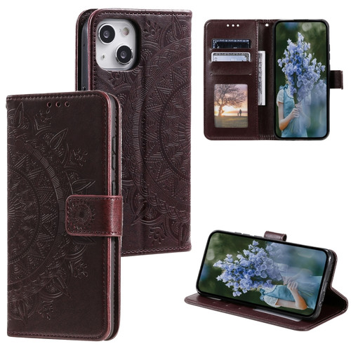 Totem Flower Embossed Leather Phone Case for iPhone 15 - Brown