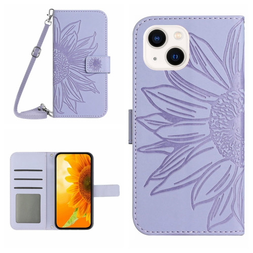 Skin Feel Sun Flower Embossed Flip Leather Phone Case with Lanyard for iPhone 15 - Purple