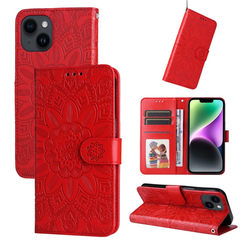 Embossed Sunflower Leather Phone Case for iPhone 15 - Red