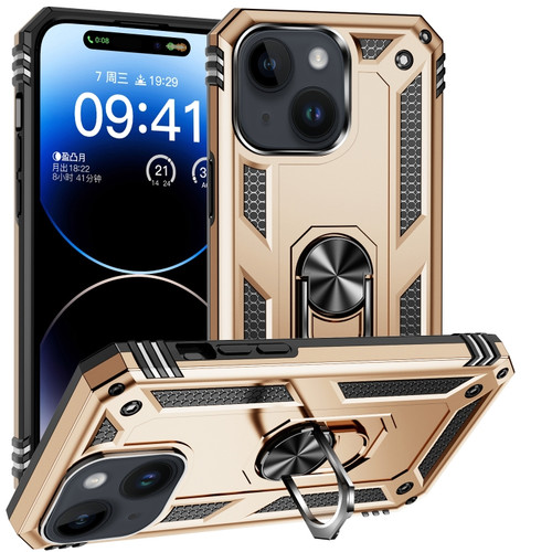 Shockproof TPU + PC Phone Case with Holder for iPhone 15 - Gold