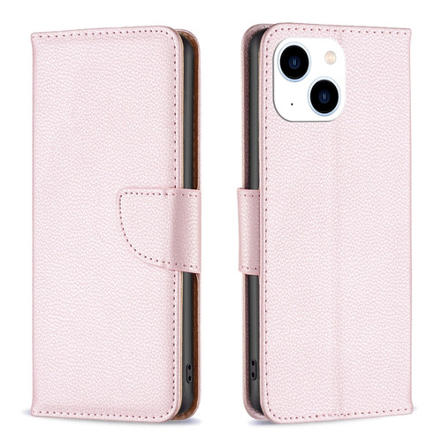 Litchi Texture Pure Color Flip Leather Phone Case for iPhone 15 - Rose Gold