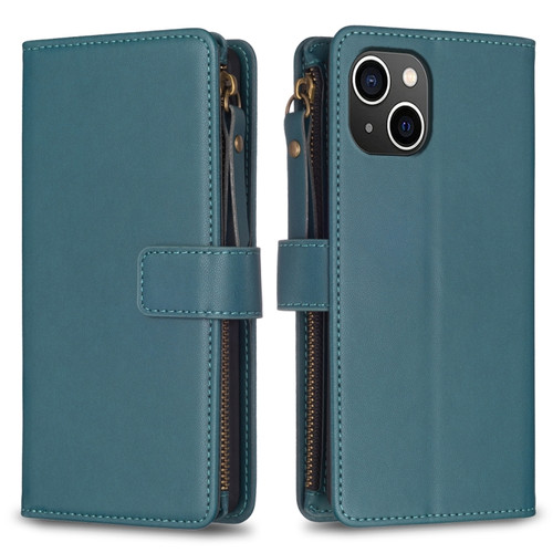 9 Card Slots Zipper Wallet Leather Flip Phone Case for iPhone 15 - Green