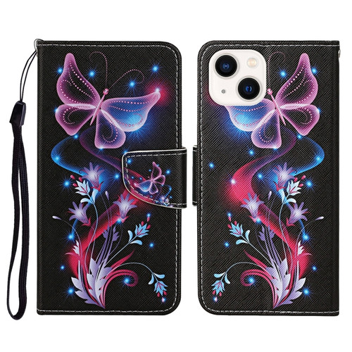 3D Colored Drawing Flip Leather Phone Case for iPhone 15 - Fluorescent Butterfly