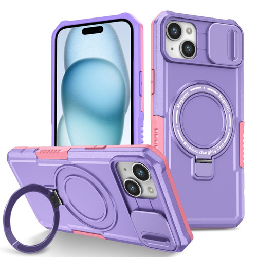 Sliding Camshield Magsafe Holder TPU Hybrid PC Phone Case for iPhone 15 - Pink Purple