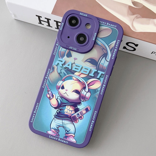 Liquid Angel Eyes Hip Hop Rabbit TPU Phone Case for iPhone 15 - Purple Earphones