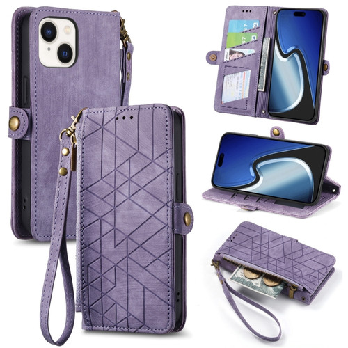 Geometric Zipper Wallet Side Buckle Leather Phone Case for iPhone 15 - Purple