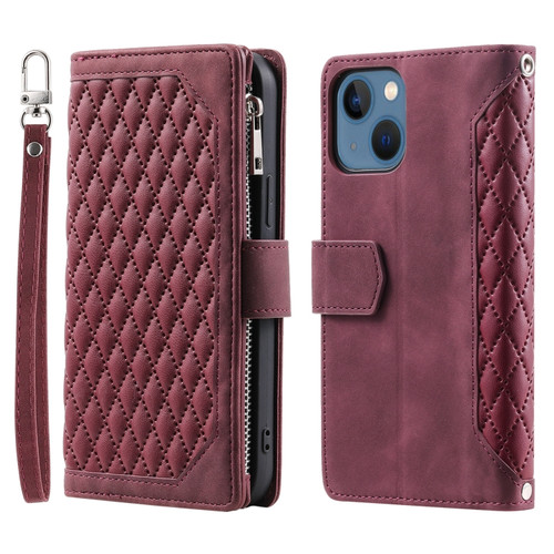 Grid Texture Zipper Leather Phone Case with Lanyard for iPhone 15 - Wine Red