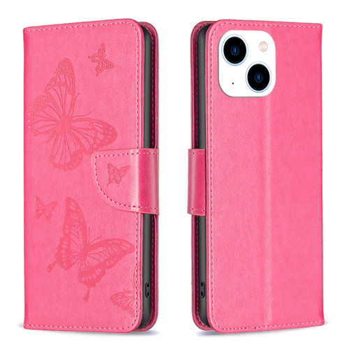 Embossing Two Butterflies Pattern Leather Phone Case for iPhone 15 - Rose Red