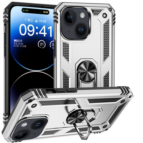 Shockproof TPU + PC Phone Case with Holder for iPhone 15 - Silver