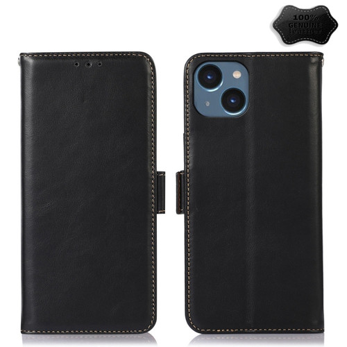 Crazy Horse Top Layer Cowhide Leather Phone Case for iPhone 15 Plus - Black