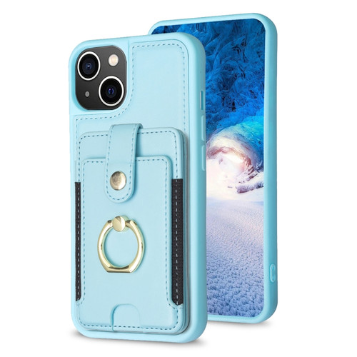 BF27 Metal Ring Card Bag Holder Phone Case for iPhone 15 Plus - Blue