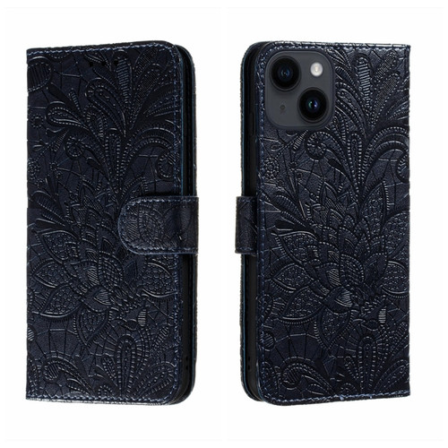 Lace Flower Embossing Flip Leather Phone Case for iPhone 15 Plus - Dark Blue