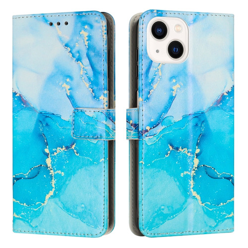 Painted Marble Pattern Leather Phone Case for iPhone 15 Plus - Blue Green