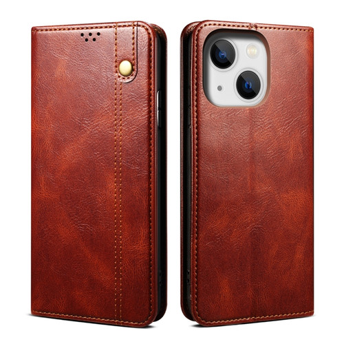 Oil Wax Crazy Horse Texture Leather Phone Case for iPhone 15 Plus - Brown