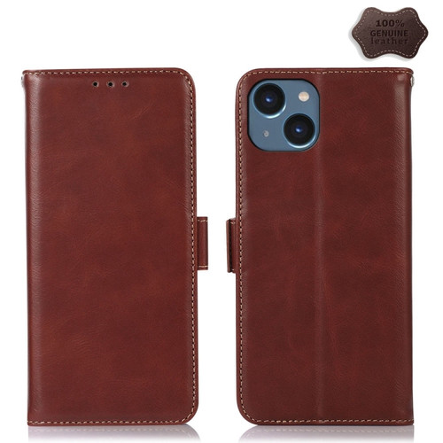 Crazy Horse Top Layer Cowhide Leather Phone Case for iPhone 15 Plus - Brown