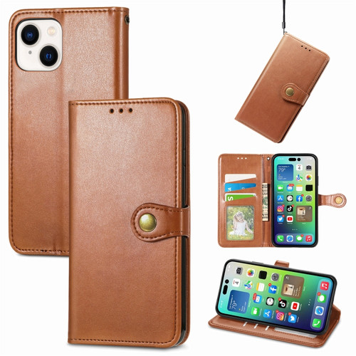 Retro Solid Color Buckle Leather Phone Case for iPhone 15 Plus - Brown