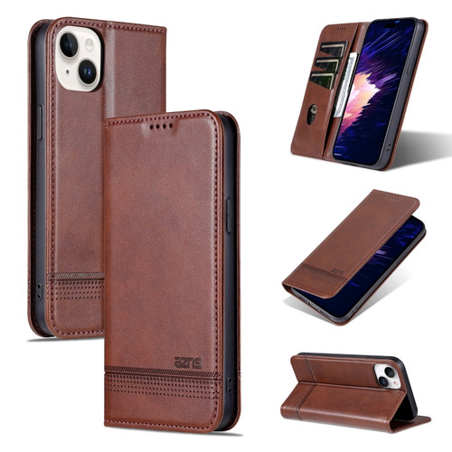 AZNS Magnetic Calf Texture Leather Phone Case for iPhone 15 Plus - Dark Brown