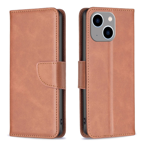 Lambskin Texture Pure Color Flip Leather Phone Case for iPhone 15 Plus - Brown