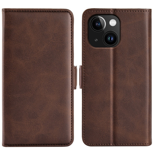 Dual-side Magnetic Buckle Horizontal Flip Leather Phone Case for iPhone 15 Plus - Brown