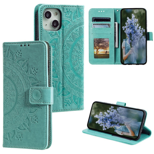 Totem Flower Embossed Leather Phone Case for iPhone 15 Plus - Green