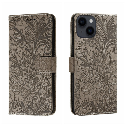 Lace Flower Embossing Flip Leather Phone Case for iPhone 15 Plus - Grey