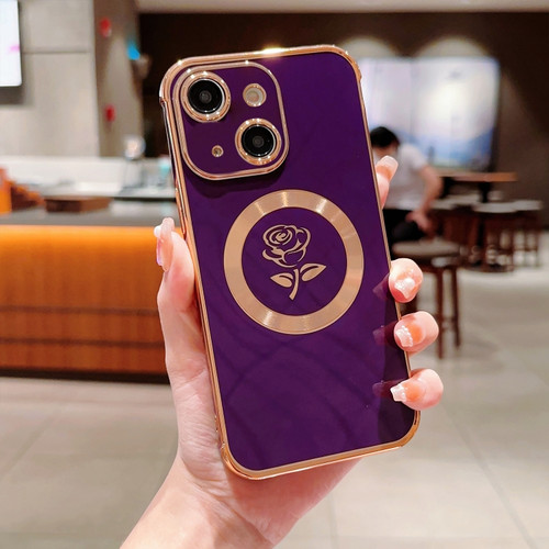 Electroplate Side Roses Flower MagSafe Phone Case for iPhone 15 Plus - Dark Purple