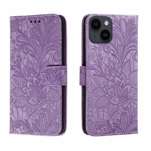 Lace Flower Embossing Flip Leather Phone Case for iPhone 15 Plus - Purple