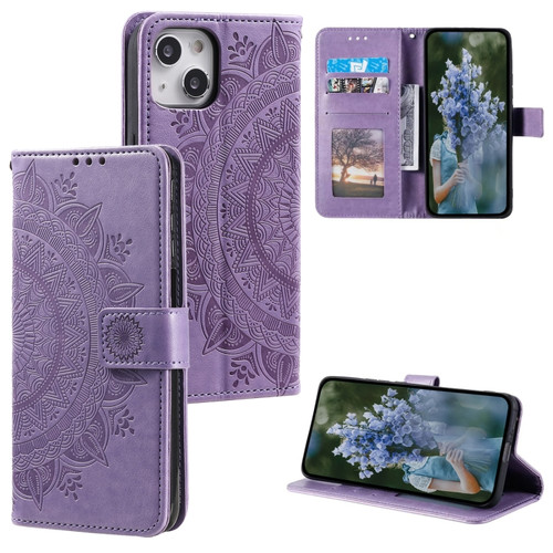 Totem Flower Embossed Leather Phone Case for iPhone 15 Plus - Purple