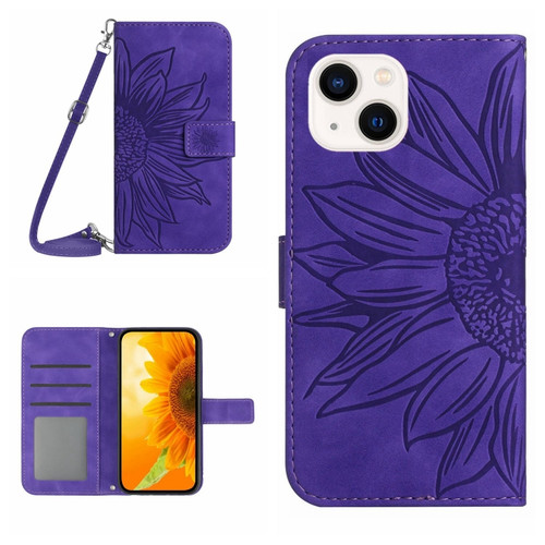 Skin Feel Sun Flower Embossed Flip Leather Phone Case with Lanyard for iPhone 15 Plus - Dark Purple