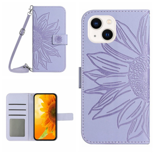 Skin Feel Sun Flower Embossed Flip Leather Phone Case with Lanyard for iPhone 15 Plus - Purple