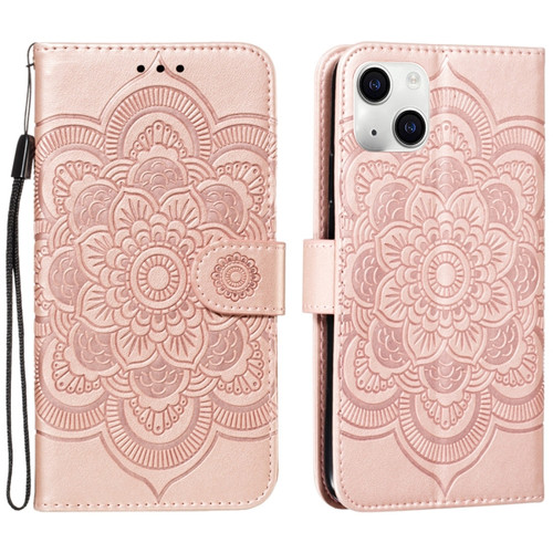 Mandala Embossing Pattern Horizontal Flip Leather Phone Case for iPhone 15 Plus - Rose Gold