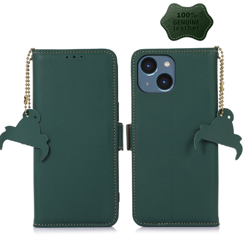 Genuine Leather Magnetic RFID Leather Phone Case for iPhone 15 Plus - Green