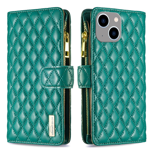 Diamond Lattice Zipper Wallet Leather Flip Phone Case for iPhone 15 Plus - Green
