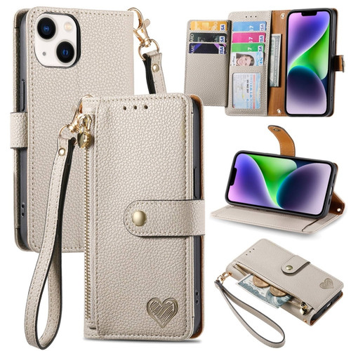 Love Zipper Lanyard Leather Phone Case for iPhone 15 Plus - Gray