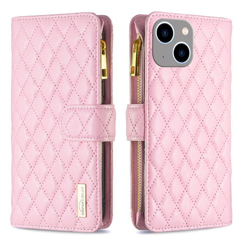 Diamond Lattice Zipper Wallet Leather Flip Phone Case for iPhone 15 Plus - Pink