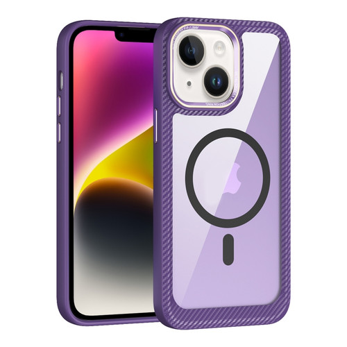 MagSafe Carbon Fiber Transparent Back Panel Phone Case for iPhone 15 Plus - Purple