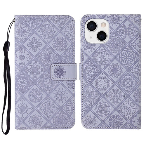 Ethnic Style Embossed Pattern Leather Phone Case for iPhone 15 Plus - Purple