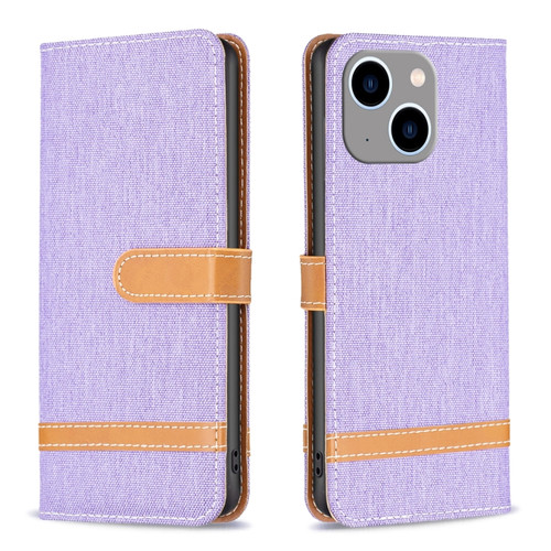 Color Block Denim Texture Leather Phone Case for iPhone 15 Plus - Purple