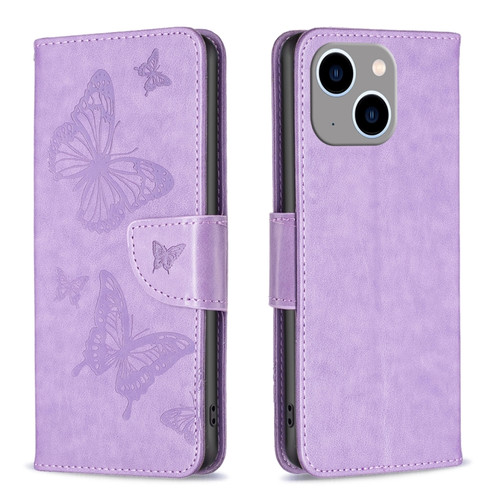 Embossing Two Butterflies Pattern Leather Phone Case for iPhone 15 Plus - Purple