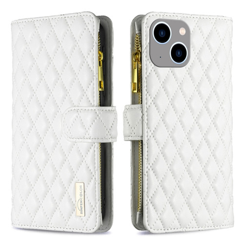 Diamond Lattice Zipper Wallet Leather Flip Phone Case for iPhone 15 Plus - White