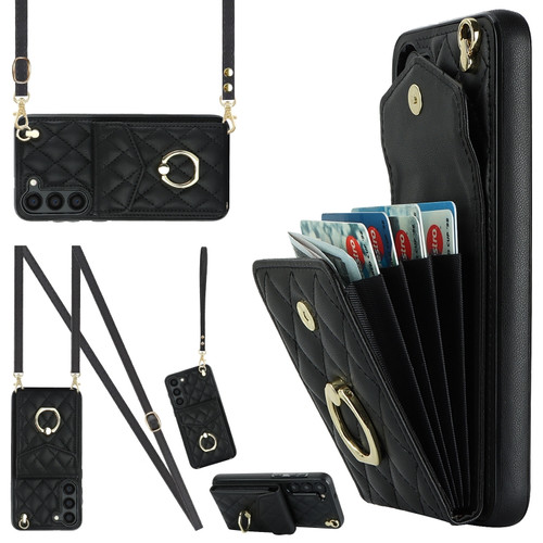 Rhombic Texture Card Bag Phone Case with Long Lanyard for Samsung Galaxy S23 5G - Black